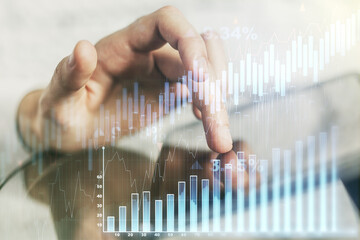 Poster - Double exposure of abstract creative financial diagram with finger clicks on a digital tablet on background, banking and accounting concept