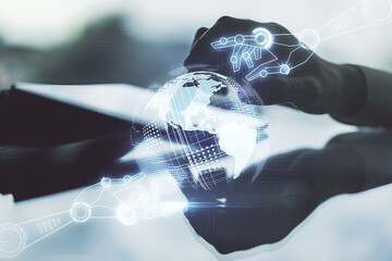 Aufkleber - Creative abstract robotics technology hologram with globe and finger presses on a digital tablet on background, artificial intelligence and machine learning concept. Multi exposure