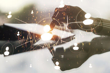 Poster - Social network media concept with finger presses on a digital tablet on background. Double exposure