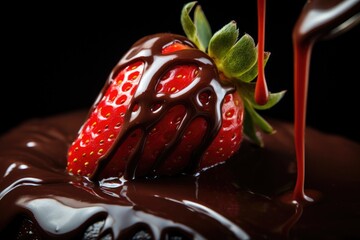 Sticker - strawberry with chocolate on a black background, close-up, A close-up of a hand-dipped chocolate covered strawberry, AI Generated