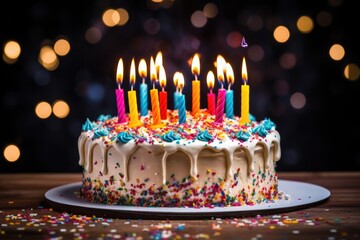 Wall Mural - Birthday cake with candles on wooden table against defocused lights background, A colorful birthday cake with lit candles, AI Generated