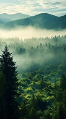 Wall Mural - Foggy morning panorama of the forest covered with morning fog