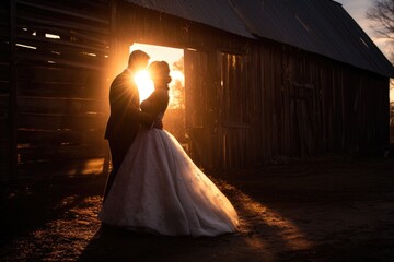 Sticker - Wedding couple dancing on the background of an old barn, A country wedding in a rustic barn, AI Generated