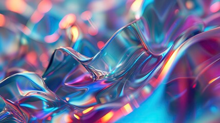 Mesmerizing waves of holographic material with neon reflections create a tactile and vibrant pattern of flowing light and color.