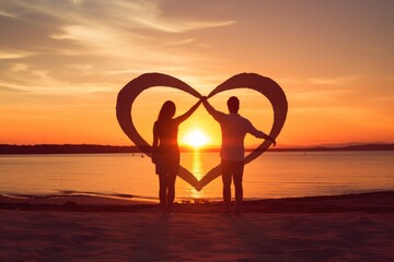 Poster - Silhouette of couple holding heart shape on the beach at sunset, A couple forming a heart shape with their hands at sunset, AI Generated