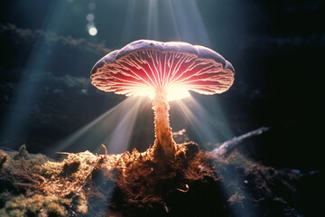 Poster - A captivating image of a mushroom casting a radiant halo of light, offering a celestial and divine quality for creative and spiritual designs.