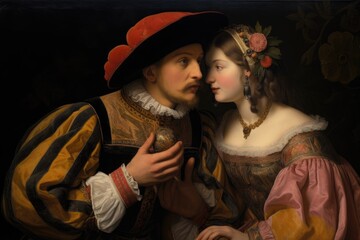 Poster - Medieval couple in the baroque style on a dark background, A couple in a renaissance painting sharing a secret whisper, AI Generated