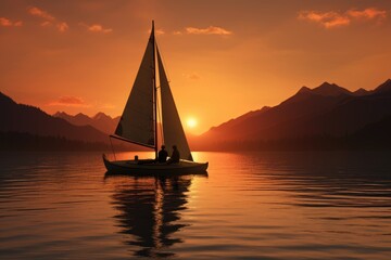 Wall Mural - Sailing boat in the lake at sunset. 3D render, A couple sailing on a peaceful lake as the sun sets, AI Generated