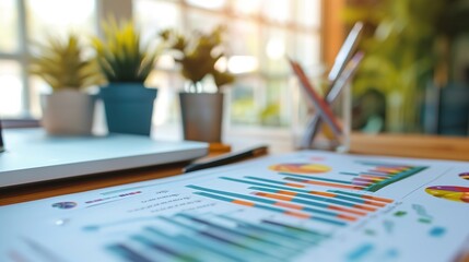 Poster - Analysts in the workplace are studying financial data for marketing strategy at the workspace, and there is a stack