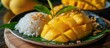 Thai sweet mango dessert served with mango slices on a plate, along with fresh mango leaves. Ripe mango rice cooked in coconut milk, along with sticky rice and tropical fruit, perfect for summer.