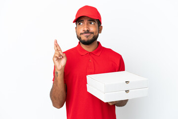 Poster - pizza delivery man picking up pizza boxes isolated on white background with fingers crossing and wishing the best