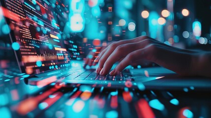 Poster - Business, hands or laptop infographic abstract in night office for data analysis