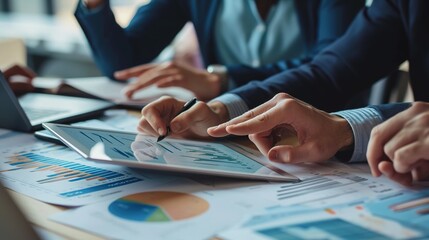 Poster - Business partnership coworkers using a tablet to analysis graph company financial budget report and cost work progress
