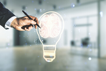 Aufkleber - Double exposure of male hand with pen draws abstract virtual creative light bulb hologram with human brain on blurred office background, idea and brainstorming concept