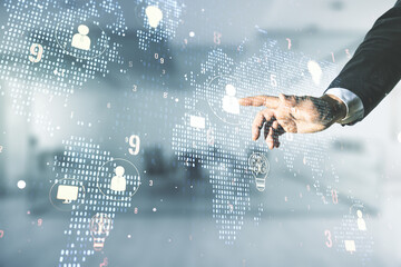 Poster - Double exposure of man hand presses on social network icons hologram and world map on blurred office background. Marketing and promotion concept