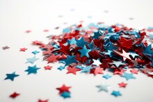 Star Shaped Red And Blue Confetti For July 4th Or Patriotic Events. White Background. Illustration. Generative AI
