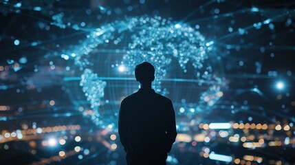 Poster - businessman, night or vr global network hologram for digital future technology, big data or virtual 