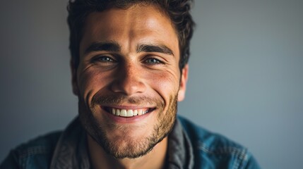 Wall Mural - Closeup portrait of handsome smiling young man. Laughing joyful cheerful men studio shot. Isolated on gray background