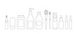Outline cosmetics packaging - jars, bottles, tubes, ampoules. Skin and hair care, beauty routine - cream, serum, cleanser, spray, shampoo, shower gel, brushes. Organic cosmetics icons. Coloring book. 