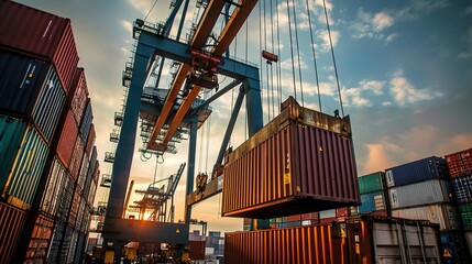 Poster - Container stacker crane lifting up stacking container box in yard, Container loading cargo freight in import and export business logistic company, Industry logistic