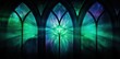 Digital illustration of stained glass with emerald green hue. Generative AI