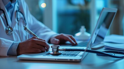 Canvas Print - Doctor medical professional working on laptop, focus on stethoscope. Physician, therapist or practitioner filling medical documents