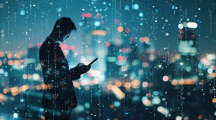 Poster - double exposure businessman using tablet on futuristic network connect city technology
