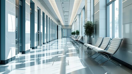 Sticker - Empty modern hospital corridor, clinic hallway interior background with white chairs for patients waiting for doctor visit. Contemporary waiting room in medical office