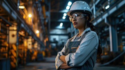 Poster - Female industrial engineer wearing a white helmet while standing in a heavy industrial factory