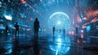 Global hologram, business people and digital transformation with scifi, cyberpunk or information technology light innovation background. Futuristic