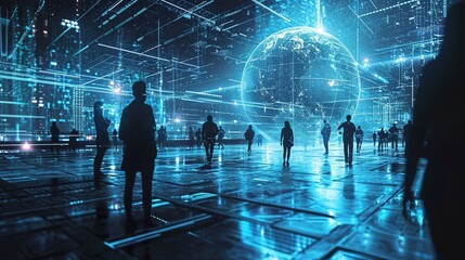 Wall Mural - Global hologram, business people and digital transformation with scifi, cyberpunk or information technology light innovation background. Futuristic