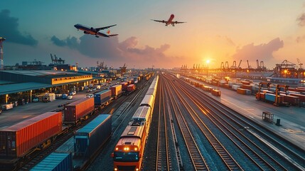 Canvas Print - global logistic network distribution and transportation intelligent logistics of truck airplane and train container cargo ship, Logistic industry and import export