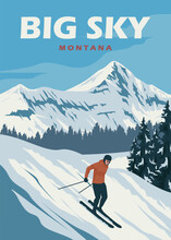 Big Sky Resort Montana Vintage Poster Illustration Design, Ski Poster Background Design