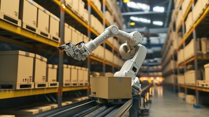 Poster - Industrial robot arm grabbing the cardboard box on roller conveyor rack with storage warehouse background. Technology and artificial intelligence innovation