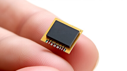 Poster - High-Tech Microchip Held by Hand, White Background