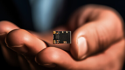 Poster - Man holding microchip for AI development