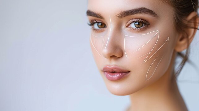 Lifting lines, advertising of face contour correction, female face skin lifting. Facial rejuvenation concept