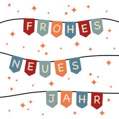 Wall Mural - Frohes neues Jahr - Schriftzug in deutscher Sprache. Quadratische Neujahrskarte mit bunter Wimpelkette.