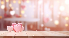 Valentines Day Background With Heart Bokeh And Wooden Table
