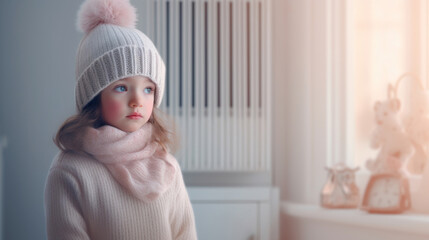 Wall Mural - Frozen sad little girl wearing a hat, scarf and sweater in her home next to a cold radiator