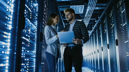 Poster - Male IT Specialist Holds Laptop and Discusses Work with Female Server Technician. They're Standing in Data Center, Rack Server Cabinet with Cloud Server
