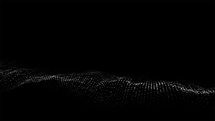 Abstract wave with light on black background. Science background with moving dots and lines. Network connection technology. Digital structure with particles. Vector illustration.