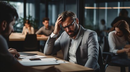 Sticker - Mental health, businessman with a headache and at a business meeting with colleagues in a boardroom office at their workplace. Stress or depression