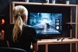 Back view blonde woman playing shooter games