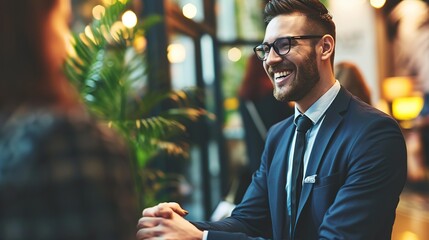 Wall Mural - Portrait of cheerful young manager handshake with new employee.