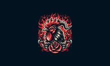 Head Rooster And Red Rose And Flames Vector Design
