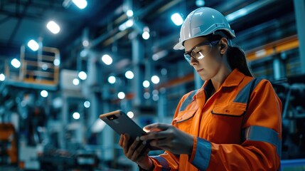 Poster - professional technician engineer with safety working in industrial manufacturing factory, checking equipment of machinery production technology