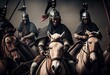 Mongol cavalry led by Genghis Khan. Ancient army of armed horseback soldiers riding on horses into battle. Historic illustration featuring Mongolian army led by Genghis Khan. generative ai