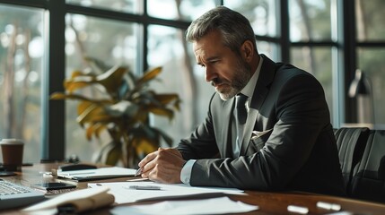 Canvas Print - Serious busy middle aged professional business man executive ceo manager, lawyer or analyst wearing suit sitting at desk in office working checking bills corporate financial accounting documents