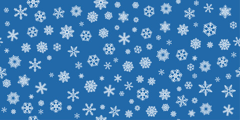 Poster - A background of snowflakes dotted randomly across a blue canvas. Background of snowflakes of different sizes and types, seamless and New Year's pattern.